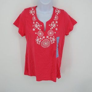 Premise Women's Embroidered Coral Pink Top Shirt Large NWT $48